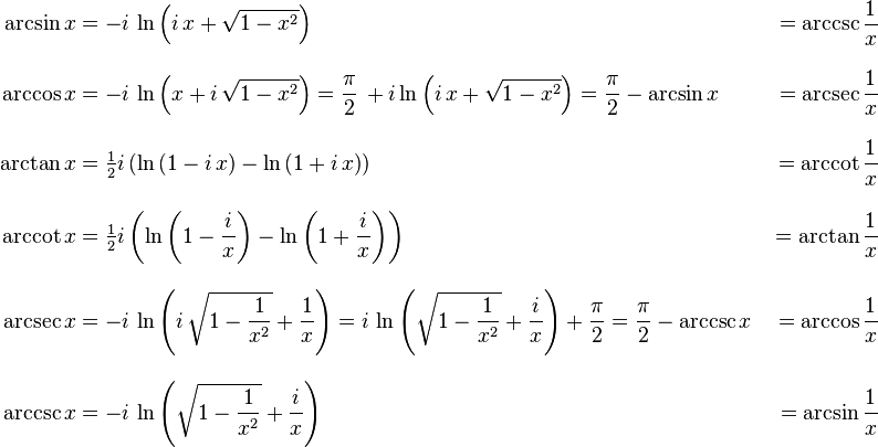 
\begin{align}
\arcsin x &{}= -i\,\ln\left(i\,x+\sqrt{1-x^2}\right) &{}= \arccsc \frac{1}{x}\\[10pt]
\arccos x &{}= -i\,\ln\left(x+i\,\sqrt{1-x^2}\right) = \frac{\pi}{2}\,+i\ln\left(i\,x+\sqrt{1-x^2}\right) = \frac{\pi}{2}-\arcsin x &{}= \arcsec \frac{1}{x}\\[10pt]
\arctan x &{}= \tfrac{1}{2}i\left(\ln\left(1-i\,x\right)-\ln\left(1+i\,x\right)\right) &{}= \arccot \frac{1}{x}\\[10pt]
\arccot x &{}= \tfrac{1}{2}i\left(\ln\left(1-\frac{i}{x}\right)-\ln\left(1+\frac{i}{x}\right)\right) &{}= \arctan \frac{1}{x}\\[10pt]
\arcsec x &{}= -i\,\ln\left(i\,\sqrt{1-\frac{1}{x^2}}+\frac{1}{x}\right) = i\,\ln\left(\sqrt{1-\frac{1}{x^2}}+\frac{i}{x}\right)+\frac{\pi}{2} = \frac{\pi}{2}-\arccsc x &{}= \arccos \frac{1}{x}\\[10pt]
\arccsc x &{}= -i\,\ln\left(\sqrt{1-\frac{1}{x^2}}+\frac{i}{x}\right) &{}= \arcsin \frac{1}{x}
\end{align}