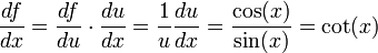 \frac {df} {dx}=\frac{df}{du}\cdot\frac{du}{dx}=\frac{1}{u}\frac{du}{dx}=\frac{\cos(x)}{\sin(x)}=\cot(x)