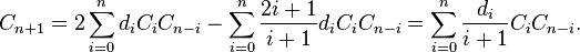 C_{n+1} = 2 \sum_{i=0}^n d_i C_i C_{n-i} - \sum_{i=0}^n \frac{2i+1}{i+1} d_i C_i C_{n-i} = \sum_{i=0}^n \frac{d_i}{i+1} C_i C_{n-i}.