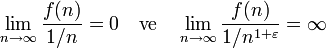 
\lim_{n\to\infty}\frac{f(n)}{1/n}=0
\quad\text{ve}\quad
\lim_{n\to\infty}\frac{f(n)}{1/n^{1+\varepsilon}}=\infty
