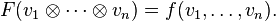 F(v_1\otimes \cdots \otimes v_n) = f(v_1,\ldots,v_n).