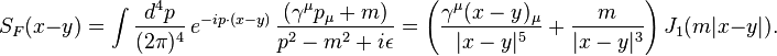 S_F(x-y) = \int{{d^4 p\over (2\pi)^4} \, e^{-i p \cdot (x-y)} }\, {(\gamma^\mu p_\mu + m) \over p^2 - m^2 + i \epsilon}

= \left({\gamma^\mu (x-y)_\mu \over |x-y|^5} 
+ {  m \over |x-y|^3} \right) J_1(m |x-y|).
