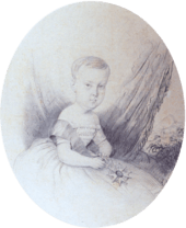 A half-length portrait sketch showing the Prince Imperial as a child in a gown with sash and holding the medal of the Order of the Southern Cross