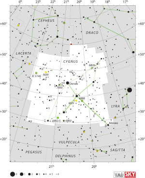 Kuğu takımyıldızı'nın sınırlarını ve yıldızların konumlarını gösteren diyagram