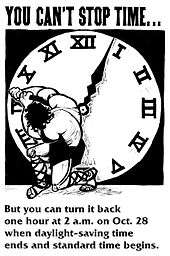 Strong man in sandals and with shaggy hair, facing away from artist, grabbing a hand of a clock bigger than he is and forcing it backwards. The clock uses Roman numerals and the man is dressed in stripped-down Roman gladiator style. The text says "You can't stop time... But you can turn it back one hour at 2 a.m. on Oct. 28 when daylight-saving time ends and standard time begins."