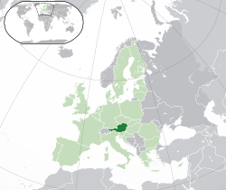  Avusturya konumu  (koyu yeşil)– Avrupa'da  (yeşil & koyu gri)– Avrupa Birliğinde  (yeşil)