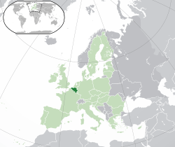  Belçika konumu  (koyu yeşil)– Avrupa'da  (yeşil & koyu gri)– Avrupa Birliğinde  (yeşil)