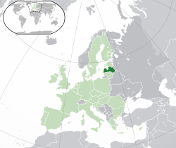  Letonya konumu  (koyu yeşil)– Avrupa'da  (yeşil & koyu gri)– Avrupa Birliğinde  (yeşil)
