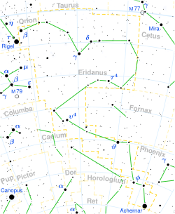 Irmak takımyıldızının ve çevresinin sınırları ile yıldız konumlarını gösteren diyagram