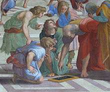 Öklid (pergeli tutuyor), Yunan matematikçi, İ.Ö. 3. yüzyıl, Raphael´in "Atina Okulu" tablosundan.