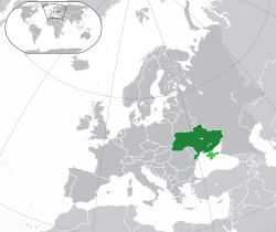 Ukrayna koyu yeşille; Ukrayna'nın kontrolü dışındaki bölgeler açık yeşille gösterilmiştir.