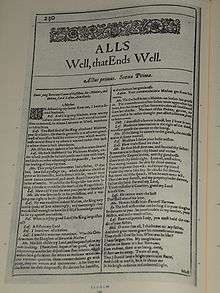 1623'de ilk defa Birinci Folyo içinde yayınlanan "All's Well That Ends Well" eserinin baş sayfası