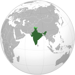 Koyu yeşil alan Hindistan kontrolü altındadır; Açık yeşil alan Hindistan'ın hak iddia edip kontrolü altında bulunmayan bölgedir.