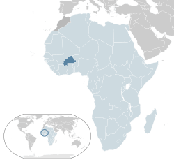 Burkina Faso konumu  (koyu mavi)– Afrika bölgesinde  (açık mavi & koyu gri)– Afrika Birliği içerisinde  (açık mavi)