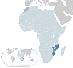  Mozambik konumu  (koyu mavi)– Afrika bölgesinde  (açık mavi & koyu gri)– Afrika Birliği içerisinde  (açık mavi)