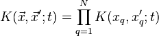 K(\vec{x},\vec{x}';t)=\prod_{q=1}^N K(x_q,x_q';t)