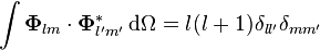 \int\mathbf{\Phi}_{lm}\cdot  \mathbf{\Phi}^*_{l'm'}\,\mathrm{d}\Omega  = l(l+1)\delta_{ll'}\delta_{mm'}