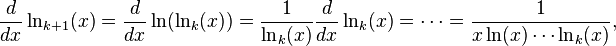 
\frac{d}{dx}\ln_{k+1}(x)
=\frac{d}{dx}\ln(\ln_k(x))
=\frac1{\ln_k(x)}\frac{d}{dx}\ln_k(x)
=\cdots
=\frac1{x\ln(x)\cdots\ln_k(x)},
