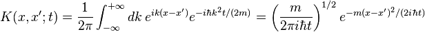 K(x,x';t)=\frac{1}{2\pi}\int_{-\infty}^{+\infty}dk\,e^{ik(x-x')}e^{-i\hbar k^2 t/(2m)}=\left(\frac{m}{2\pi i\hbar t}\right)^{1/2}e^{-m(x-x')^2/(2i\hbar t)}