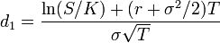  d_1 = \frac{\ln(S/K) + (r + \sigma^2/2)T}{\sigma\sqrt{T}} 