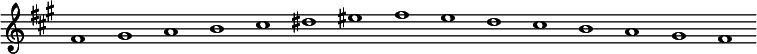 
\new Staff {
  \relative c' {
    \key fis \minor
    \override Staff.TimeSignature #'stencil = ##f
    \override Staff.BarLine #'stencil = ##f
     fis1 gis a b cis dis eis fis e d cis b a gis fis
  }
}
\midi {
  \context {
    \Score
    tempoWholesPerMinute = #(ly:make-moment 120 1)
  }
}
